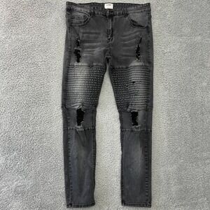 KDNK Moto Biker Jeans Mens 38 Gray Excellent Distressed Ripped Slim Fit Business